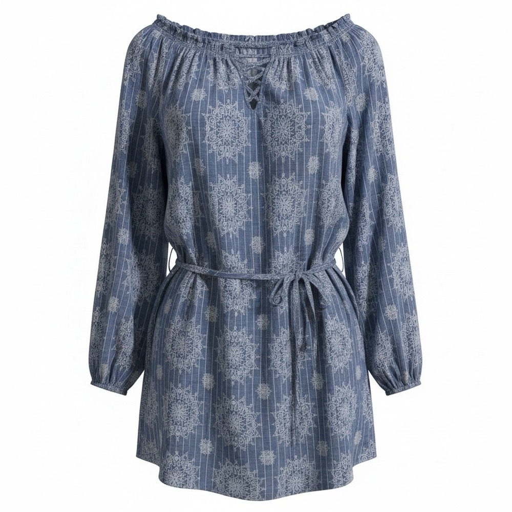 Blu Peper Plus Tunic Women 3XL Blue Boho Medallion Lace Up Tie Waist